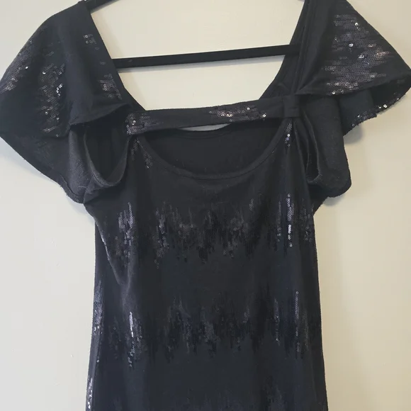 BCX Black Sequin Flutter Sleeve Blouse - Picture 5 of 7